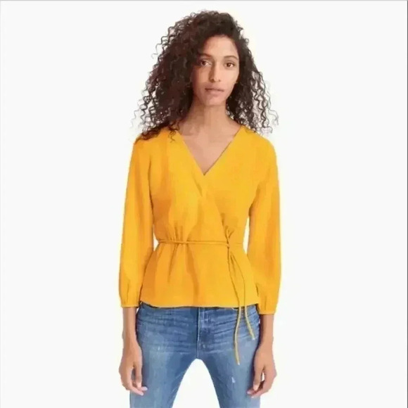 J. Crew Drapey Crepe Faux Wrap Top Yellow Peplum Tie Waist Surplice Blouse 6 - Picture 1 of 7